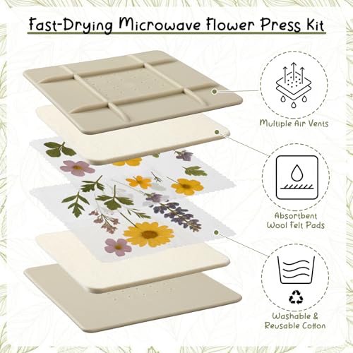 Lasnten 5 Inch Microwave Flower Press Kit Mini Plant Press for Kids and Adults Quick Pressing with Washable Cloth, Vibrant Color Retention for Crafts Pressed Flowers, DIY