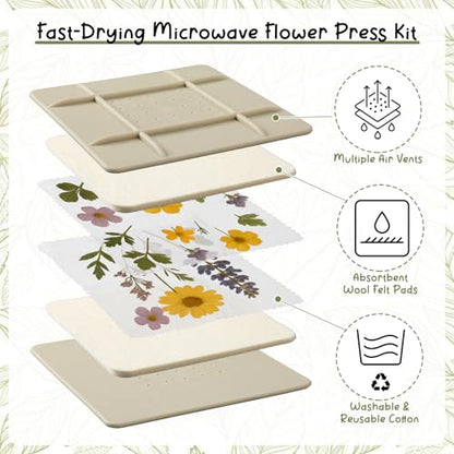 Lasnten 5 Inch Microwave Flower Press Kit Mini Plant Press for Kids and Adults Quick Pressing with Washable Cloth, Vibrant Color Retention for Crafts Pressed Flowers, DIY
