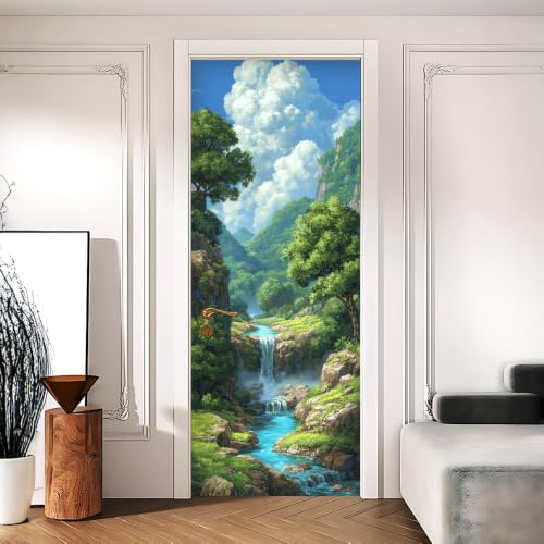 Painted Forest Waterfall Mountain Gorge Door Mural 30.31x78.74in - color: Colorful1085