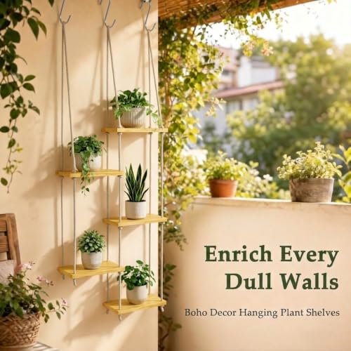 Window Plant Shelves, 5-Tier Window Shelf for Plants, Hanging Plant Shelf for Windows, Painted Wood Window Sill Shelf for Plants, Macrame Plant Hanger, Boho Decor for Living Room Bedroom Wall