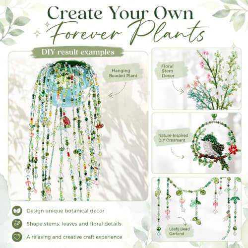 Xapryon Green Glass Beaded Plant Kit with Wire and Craft Guide | Green glass leaf and floral beads with flexible wire and faux moss for beaded plants, jewelry, ornaments and suncatchers