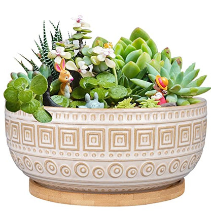 G EPGardening 8 Inch Ceramic Succulent Planter Pots for Indoor Plants Round Shallow Bonsai Planter Pot with Drainage and Bamboo Saucer White - color: White