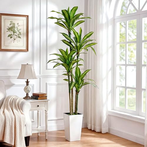 7FT Dracaena Artificial Plants Indoor,with White Tall Planter | Decor Fake Tree,Faux Plants Indoor,Lifelike Leaves Easy to Style,for Living Rooms,Bedrooms Porch and Offices Décor - color: White-7ft