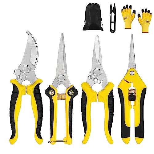 5 pack Garden Pruning Shears Stainless Steel Blades, Handheld Scissors Set with Gardening Gloves,Heavy Duty Garden Bypass Pruning Shears,Tree Trimmers Secateurs, Hand Pruner (Yellow and Black) - style: Yellow and Black