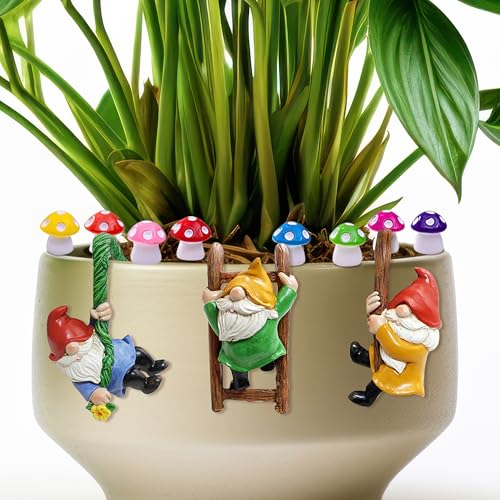 3Pcs Climbing Gnomes with 8Pcs Mini Mushrooms for Plant Pot Decor - Resin Dwarf Little Mushroom Statue Fairy Garden Resin Crafts Yard Flower Pot Decor for Bonsai Micro Landscape Craft