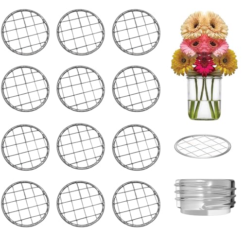 12PCS 2.7” Mason Jar Flower Frog Lids, 70mm Metal Grid Lid Insert Organizer for Regular Mouth Canning Jars, Square Hole Floral Arrangement Holder for Fresh Flower Display - size: 12PCS