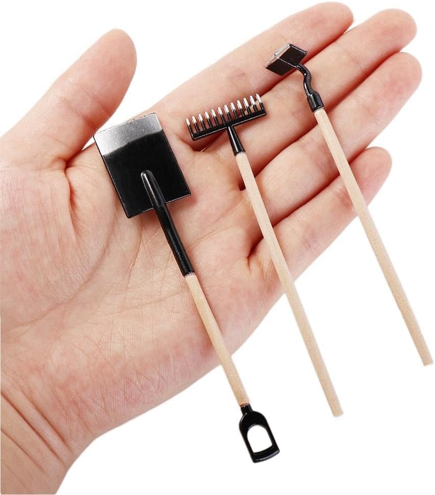 3Pcs Miniature Garden Tools 1:12 Mini Shovels and Rake Farm Tools Fairy Garden Furniture Dollhouse Accessories (Black) - color: Black