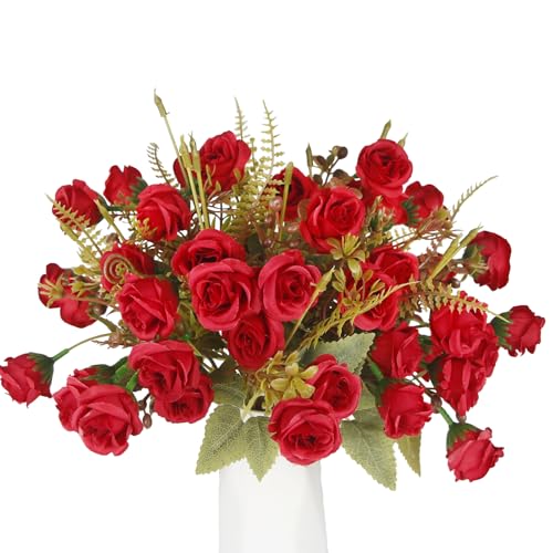 CITYES 4 Pcs Fake Roses Artificial Flowers Bouquet Red Mini Rose Heads Silk Flowers for Vase Centerpiece Table Wedding Party Bridal Shower DIY Home Indoor Outdoor Valentines Day Decor