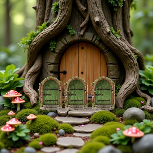 JJLFresheners 3Pcs Green Fairy Door Wooden Miniature Fairy Garden Doors Outdoor Mini Gnome House Accessories for Tree Trunk Ornaments Miniatures, Garden Sculptures and Statues, Fairy Door