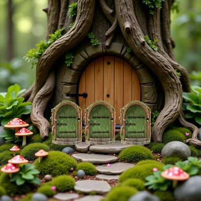 JJLFresheners 3Pcs Green Fairy Door Wooden Miniature Fairy Garden Doors Outdoor Mini Gnome House Accessories for Tree Trunk Ornaments Miniatures, Garden Sculptures and Statues, Fairy Door