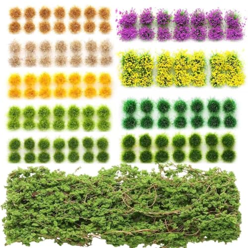126 Pcs Static Grass Tufts&Flowers DIY Miniature Shrubs Bushes