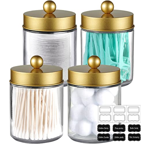 Amolliar Glass Apothecary Jar Qtip Holder Metal Lids 4pc/Gold | Bathroom Decor Countertop Vanity Storage Organizer Set for q tip holder,Cotton Swabs/Rounds,Makeup Sponges,Cute Stickers - color: Gold