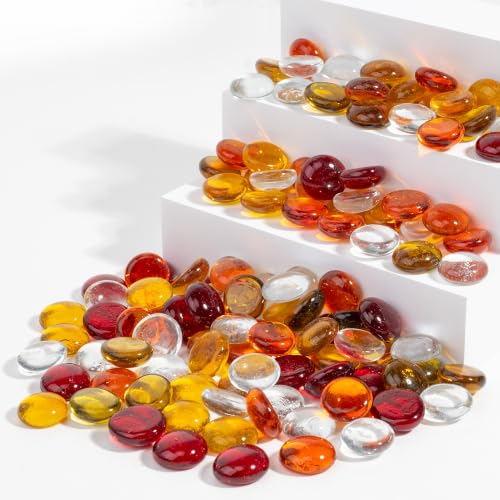 1LB Flat Glass Marbles Stones Flat Bottom Marble Beads 17-19mm Smooth Stone Pebbles for Home Decoration Fire Pit Landscaping Glass Gemstone for Fish Tanks Flower Pots DIY Crafts (5Colors MixA) - color: Clear、Red、Orange、Champagne、Brown