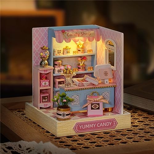 Kisoy Dollhouse Miniature with Furniture Kit, DIY 3D Wooden DIY House Kit with Dust Cover,Handmade Tiny House Toys for Teens Adults Gift (Yummy Candy) - color: Yummy Candy