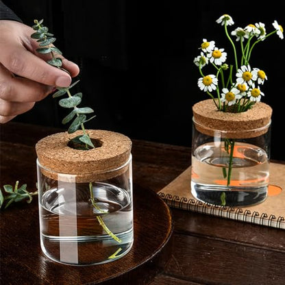 Clear Glass Planter Vase with Wooden Lid and Bamboo Stand for Hydroponic Plants, Succulents, Cut Flowers Gifts for Women Mom Plant Lovers (1, 2.55 * 3.93inch)
