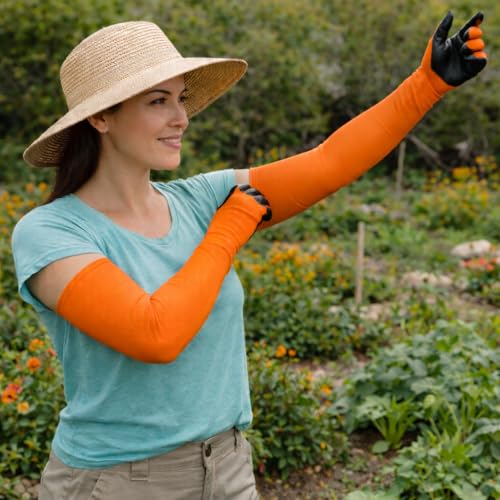 Long Sleeve Gardening Gloves Protection Sleeves, No-Slip Grip & Full Arm Guard Garden Cuffs; Durable, Protective - color: Orange, size: Large