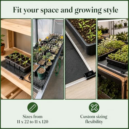 Seedling Heat Mat 11 in x 120 in, 10 Ft Grow Bench Warming Mat | Made in USA, Extra-Long Plant Warming Pad for Multiple Trays, Helps Warms 10-20°F Above Ambient, Water-resistant, Germination - size: 11" x 120"