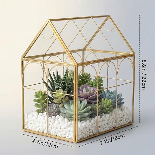 Fochier Geometric Glass Terrarium Planter, Handmade House-Shaped with Front Opening Door, Small Succulent & Cactus Display Box with Lid, Indoor Tabletop Micro Landscape Decor, No Plants, Gold