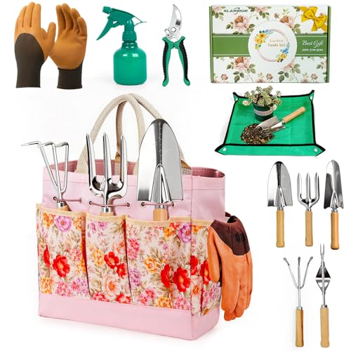 Garden Tool Set, 10 PCS Gardening Tools/Kit for Women,Gardener Gift | 10 PCS Gardening Essentials, Stainless Steel Hand Tools Tote Bag, Well-Designed Gardening Supplies Gifts for Women Gardeners - color: Pink