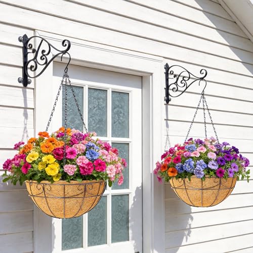 4 Pack 12 Inch Hanging Baskets for Plants Outdoor - Metal Hanging Planters for Outdoor Plants with Coco Liners - Heavy Duty Empty Hanging Flower Pots for Porch Patio Garden - size: 12 Inch