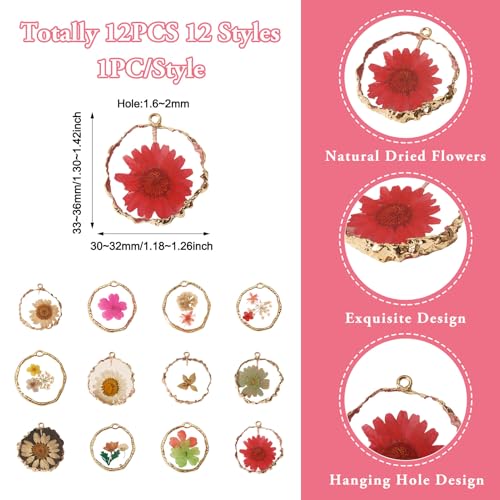 Natural Dried Pressed Flower Charms Geometric Shape Dried Flower Resin Charms Epoxy Resin Floral Pendants for DIY Crafts Necklace Earring Keychain Jewelry Making - color: Mixed Color-Flat Round Flower