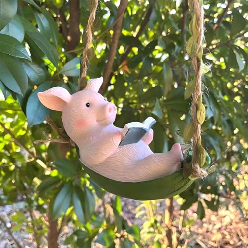 Reading Pig Garden Decor, 18 Inch Hanging Decoration with Leaf Cord, Pink Resin Pig Swing Statue, Cute Outdoor Gift for Patio, Tree Ornament - style: Reading Pig Swing
