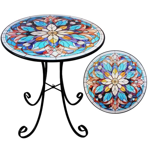 18" Mosaic Side Table Outdoor | Metal Accent Table, Indoor Small Round End Tables, Plant Stand Tables for Patio Yard Balcony Garden Bedside - color: Mosaic-flower