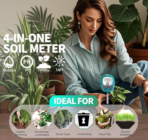 Soil Moisture Meter for Plants, 4-in-1 Soil Tester - pH/Fertility/Sunlight Meter, Large Dial, Indoor/Outdoor Plant Water Monitor, Garden Soil Test Kit for Lawn, Farm, Houseplants