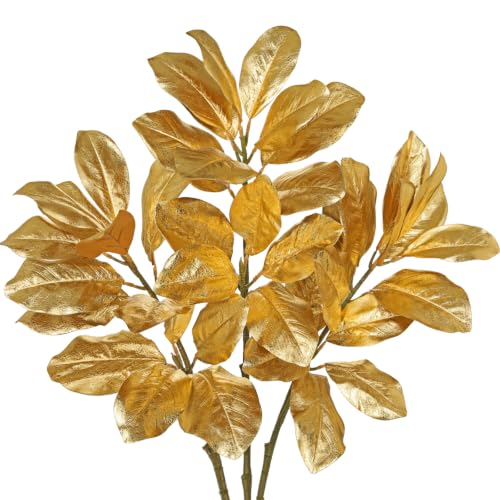 Briful 3Pack Gold Magnolia Leaf Stems 31.4in Tall Artificial Branches - color: Metallic Gold