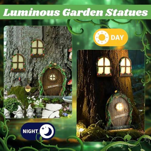 Miniature Fairy Door and Windows Garden Kit Accessories,Glow in The Dark Fairy Door Windows Yard Art Sculpture Decoration Garden Decor(Wood)