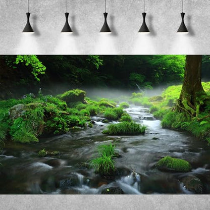 Stream Aquarium Background Aquatic Water Plants Rock Fish Tank Background Lush Green Forest Trees Terrarium Background Misty Foggy Stream Flowing Water Natural Landscape Aquarium Backdrops 24x16in - color: Foggy Green, size: 24(W)x16(H)in