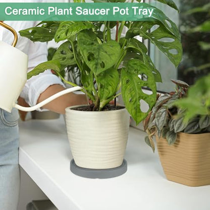 M METERXITY Ceramic Plant Saucer, 6.3 Inch Plant Water Catcher Tray, Plant Pot Saucers for Indoor/Outdoor Plants/Flower Drainage Drip Water Tray [Round Dark Gray] - color: Dark Gray