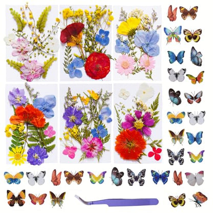 112Pcs Pressed Dried Flower Head for Crafts, Natural Real Mini Flowers Flowers for Crafts, Bulk Flowers for Resin Molds, Candles, DIY Art Jewelry Making with Tweezers Butterfly Stickers Set Decorate