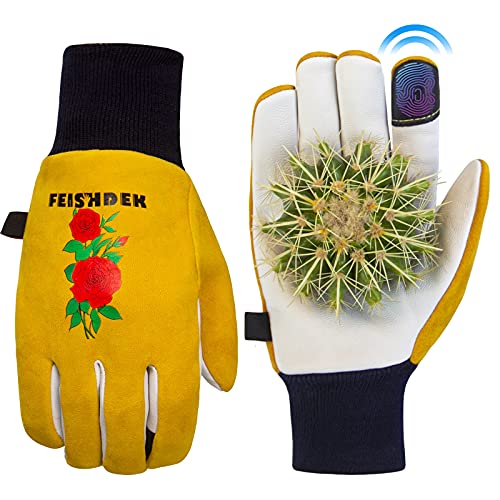 Cactus Gloves, 2 Layers Leather Palm, Deerskin Back Women Gardening Gloves | Thorn Proof for Cacti Handling, Elastic Cuff, Touch Screen, Goatskin with Deerskin Leather Palm Garden Gloves for Women - size: Small (Pack of 1)
