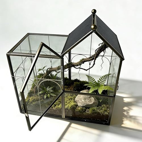 Ready-to-Use Glass Terrarium with Vents, 8.66"x4.72"x8.46" House-Shaped Habitat for Jumping Spider,Praying Mantis,Snails,or Succulent Plants - Home Garden Tabletop Decor Enclosure (Dark Gunmetal) - color: Dark Gray(No palnt)