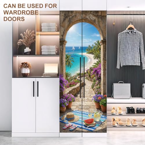 Stone Arch Door Mural, Ocean View Door Cover, 30.3x78.7in - color: Colorful2461