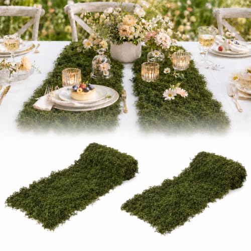 2 Pcs Fake Moss Table Runner, 12'' x 71'' Artificial Sheet Moss Decor Roll, Waterproof Faux Moss Blanket, Fake Green Grass Tablecloth for Crafts Garden Wall Wedding Birthday Party Decoration