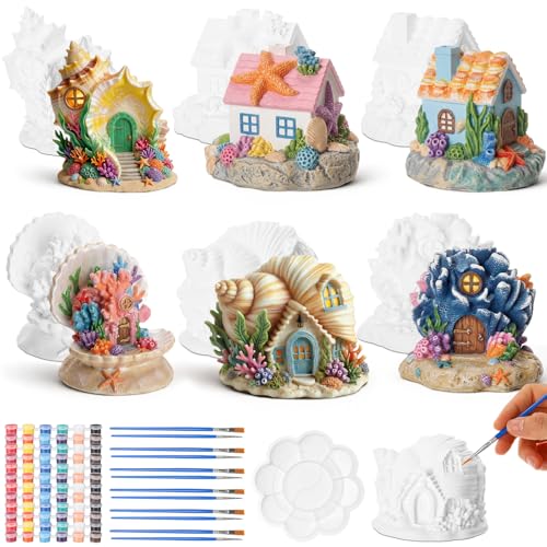Thyle 6 Set 5 Inch Ceramics Fairy House to Paint Ocean Fairy Garden House Craft Kit Paint Your Own Mini Conch Houses Statue for DIY Summer Arts and Craft Projects Summer Beach Party Favors - style: Seashell
