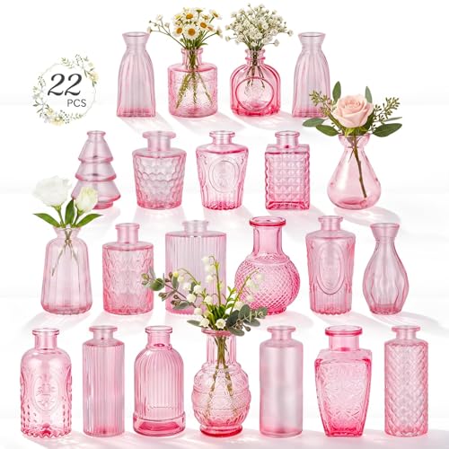 RUCKAE 22 Pack Pink Glass Bud Vases,Vintage Small Flower Vases for Centerpieces,Assorted Mini Glass Vases for Flowers,Table Decor,Wedding,Home,Living Room,Bedroom,Office,Party,Gifts(Pink 22 Pack) - style: Pink 22 Pack