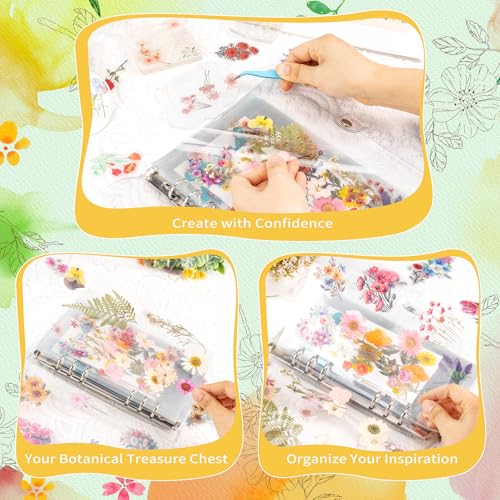 Alvian A4 Dried Flower Pressing Scrapbook Kit - 50pcs Floral Stickers & Transparent Pages for Pressed Flower Storage, Organizing, Resin Art & Scrapbooking - Ideal Gift for Gardeners, Plant Lovers