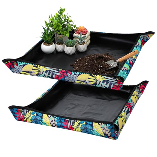 2 PCS Repotting Mat for Plant Transplanting and Mess Control 29.5"x 29.5" Oxford Fabric Waterproof Potting Foldable Indoor Portable Gardening Tray with Snap Corners Unique Gifts Lovers