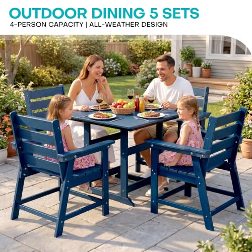 5 Piece Patio Dining Set, HDPE All-Weather Furniture,Navy | Waterproof 4 Chairs with Armchair Seat & 1 Square Table, Natural Wood Look for Backyard, Garden, Patio - color: Navy, size: Square 5-Piece Dining Set