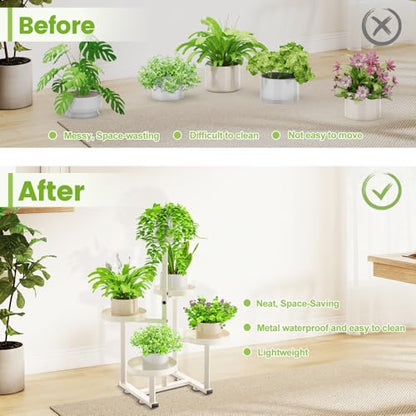 5 Tier Metal Heavy Duty Plant Stand Indoor Outdoor,27In Tall,White | 7.9In Pot,Save Space,Adjustable Foot Pad,Tiered Corner Plant Holders for Multiple Plants,Patio,Garden,Living Room, Balcony