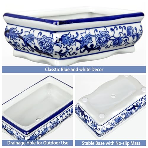 Set of 2 Blue and White Ceramic Bonsai Pots with Drainage Hole, 7.5" & 5" | Rectangular Bonsai Tree Pots Bonsai Planters for Indoor/Outdoor, Succulents, Cactis, Home, Patio, Garden, Chinoiserie Decor - size: 7.4"x4.3"x2.3"&4.9"x2.9"x1.5"