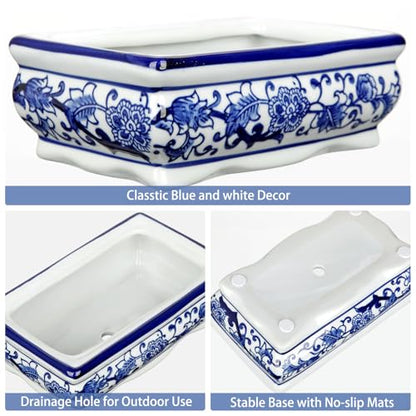 Set of 2 Blue and White Ceramic Bonsai Pots with Drainage Hole, 7.5" & 5" | Rectangular Bonsai Tree Pots Bonsai Planters for Indoor/Outdoor, Succulents, Cactis, Home, Patio, Garden, Chinoiserie Decor - size: 7.4"x4.3"x2.3"&4.9"x2.9"x1.5"
