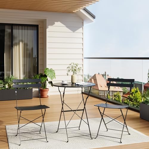 GarveeHome 3 Piece Foldable Patio Bistro Set, Compact Round Table with 2 Folding Chairs for Garden, Black - color: Black, size: 3-Piece (Round Table)