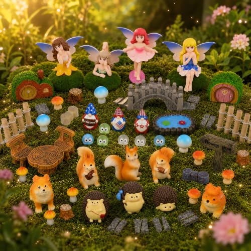 60 Pcs Fairy Garden Accessories Outdoor Set, DIY Fairy Garden Kit, Miniature Fairy Garden with Fairies & Forest Animals, Resin Figurines for Magical Garden Scene Building & Home Decor