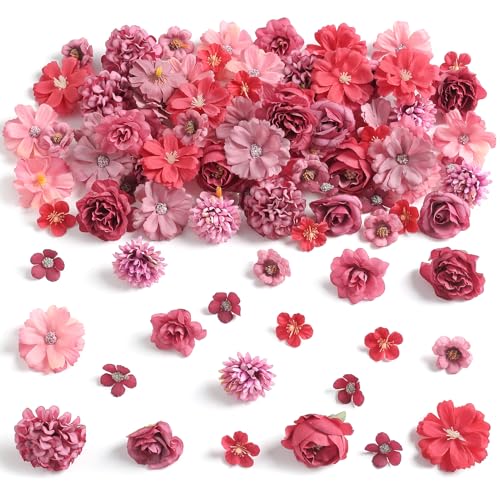 rongflower Faux Flower Heads Mini Red Artificial Flower Heads Fake Peony Daisy Rose Flowers Multicolor Small Silk Daisy Flower Heads for Craft Garland Wedding Party DIY Home Decoration,2-4 cm - color: Red