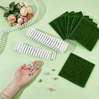 OLYCRAFT 35 Inch Mini Fairy Garden Fence Set with 4Pcs White Picket 8Pcs Fake Grass 6x6 Inch and 12Pcs Mini Animal Decorative Picket Fence Miniature Garden Ornament for DIY Minihouse Landscape