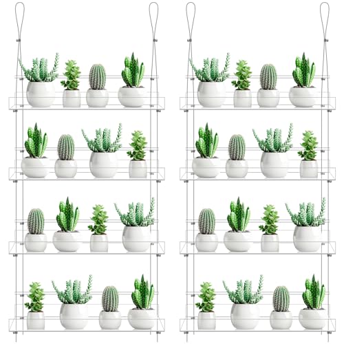Ziliny 2 Pcs 16 Inch 4-Tier Clear Hanging Window Plant Shelves Acrylic Height Adjustable Plant Stand Hanger Flower Pot Organizer Storage for Indoor Window Wall Garden Grow Herb Succulent